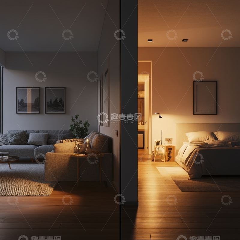 高清大图下载【趣麦麦图】现代家居客厅与卧室的温馨夜景