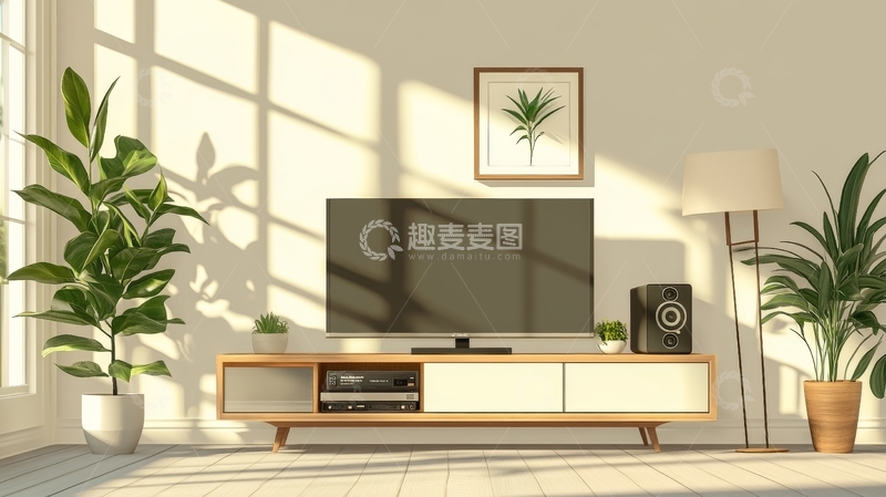 高清大图下载【趣麦麦图】现代客厅中的电视柜和绿植