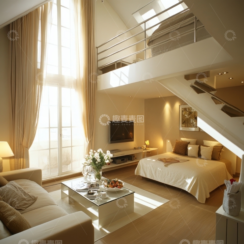 高清大图下载【趣麦麦图】现代复式公寓客厅与卧室