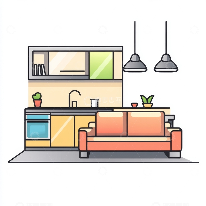 高清大图下载【趣麦麦图】现代厨房与客厅的开放式布局