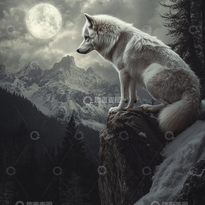 高清大图下载【趣麦麦图】白狼在月夜的山崖上