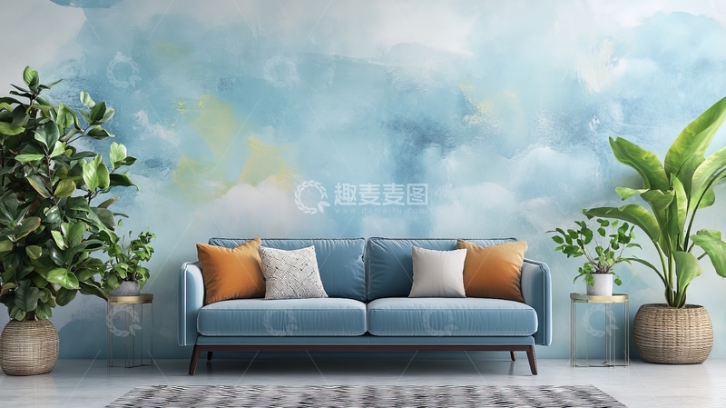 高清大图下载【趣麦麦图】现代客厅中的蓝色沙发与植物