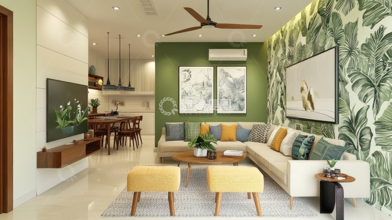 高清大图下载【趣麦麦图】现代客厅设计，绿墙与植物壁纸装饰