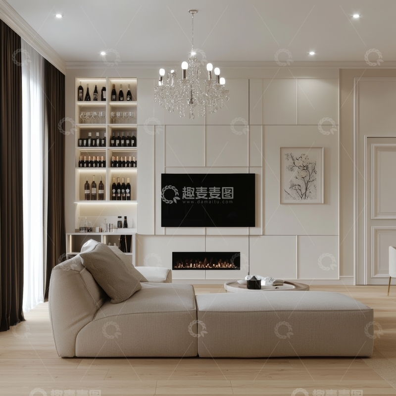 高清大图下载【趣麦麦图】现代客厅设计，配有壁炉和酒柜
