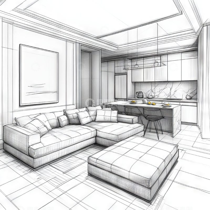 高清大图下载【趣麦麦图】现代客厅与厨房的室内设计草图