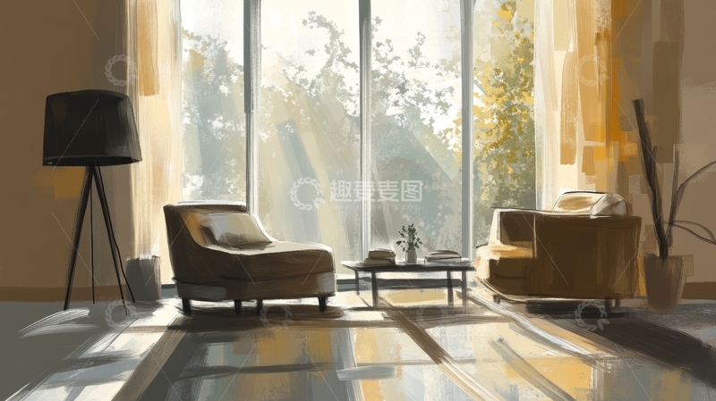 高清大图下载【趣麦麦图】阳光透过窗帘的现代客厅