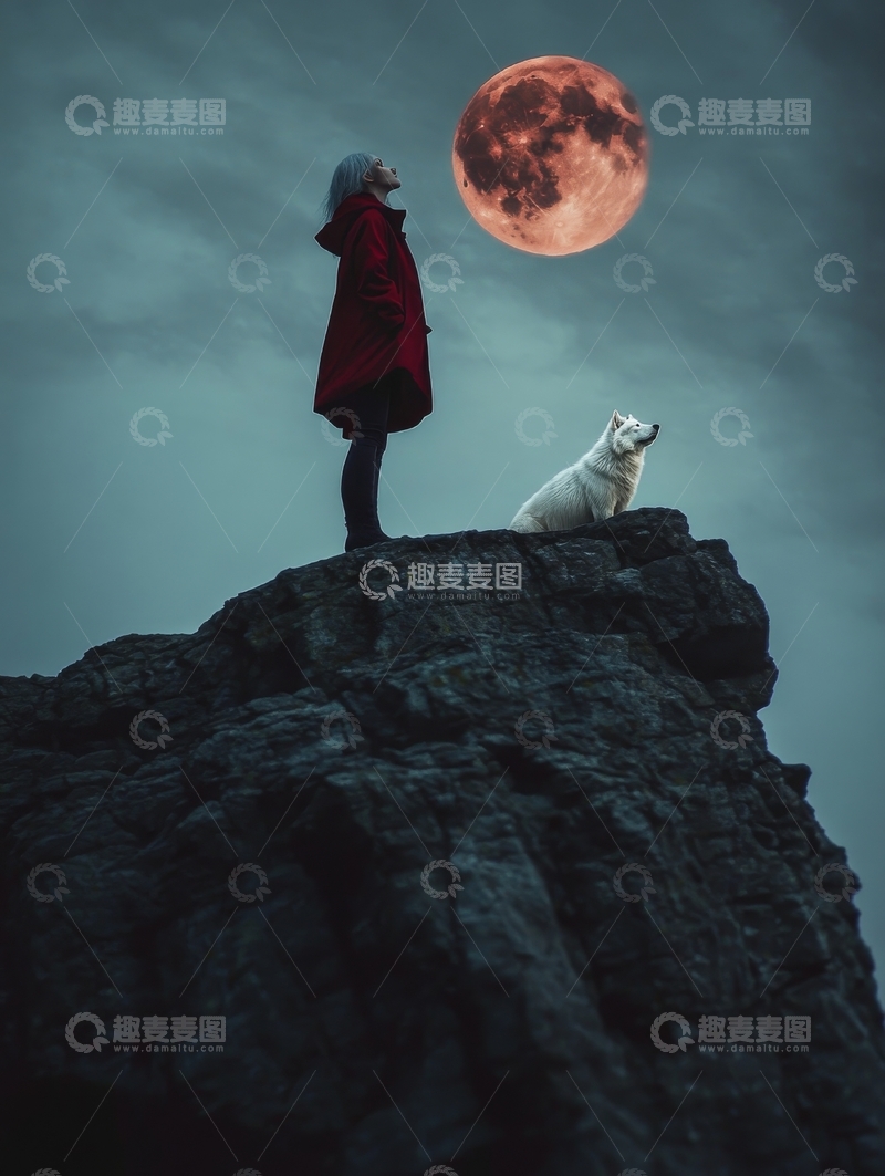 高清大图下载【趣麦麦图】人与狗在月光下的悬崖上