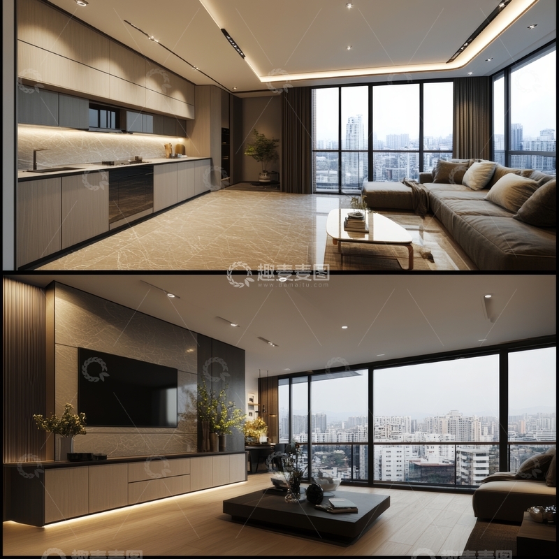 高清大图下载【趣麦麦图】现代简约风格客厅与厨房