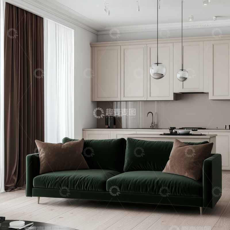 高清大图下载【趣麦麦图】现代简约风格的客厅与厨房