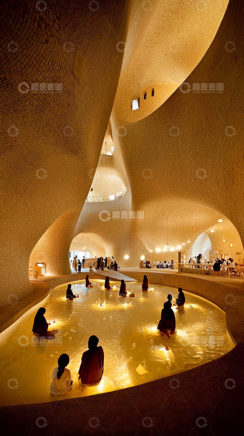 高清大图下载【趣麦麦图】现代建筑内部，人们在水池旁静坐