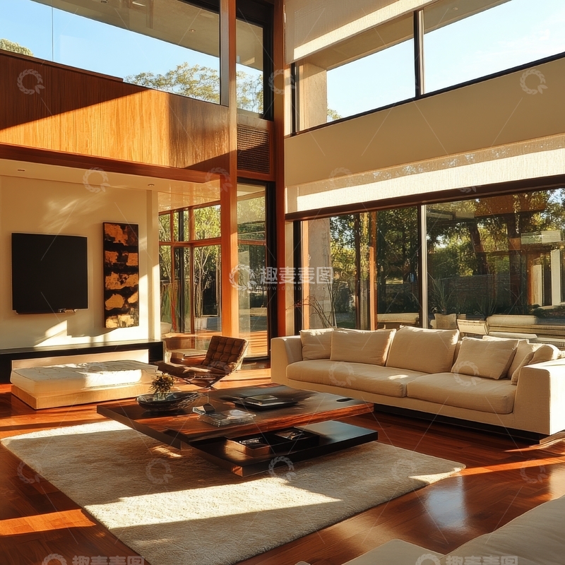 高清大图下载【趣麦麦图】现代客厅设计，阳光透过大窗洒入