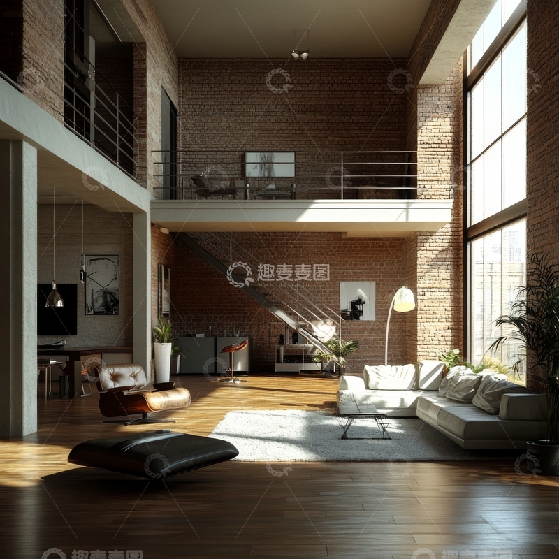 高清大图下载【趣麦麦图】现代工业风客厅与开放式厨房设计
