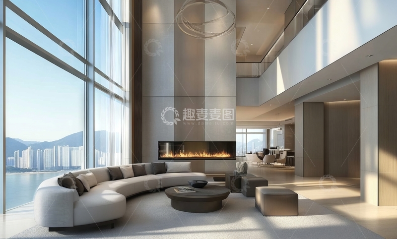 高清大图下载【趣麦麦图】现代豪华客厅与全景落地窗