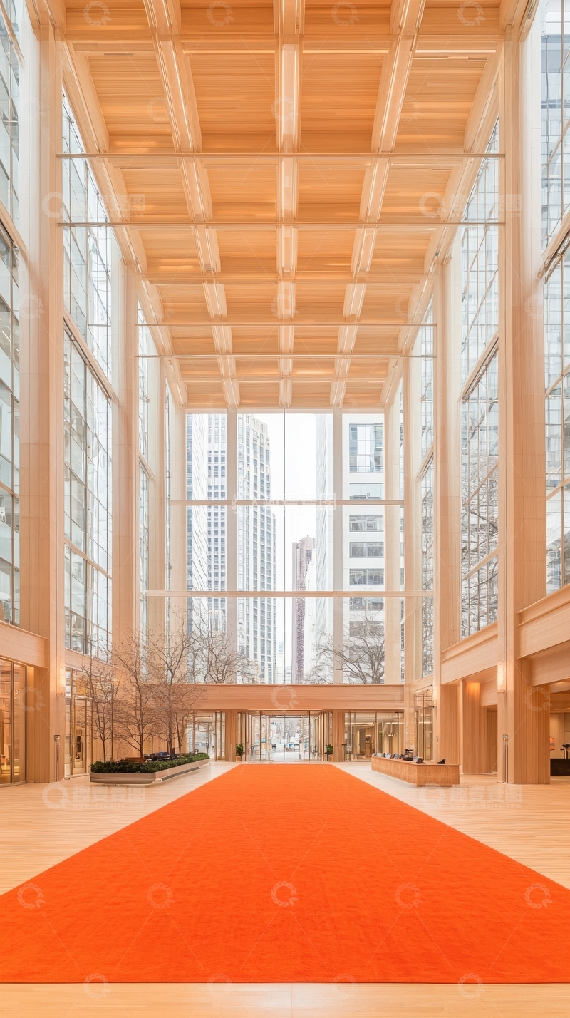 高清大图下载【趣麦麦图】现代建筑内部，橙色地毯贯穿大厅