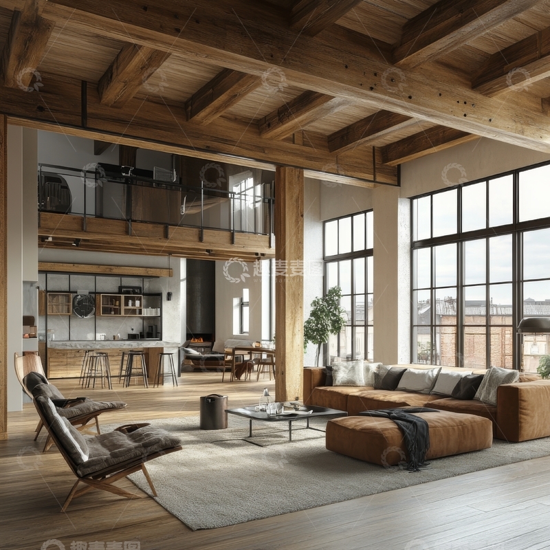 高清大图下载【趣麦麦图】现代工业风客厅与开放式厨房设计