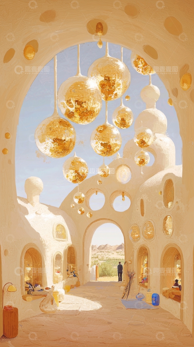高清大图下载【趣麦麦图】金色球体装饰的梦幻室内空间