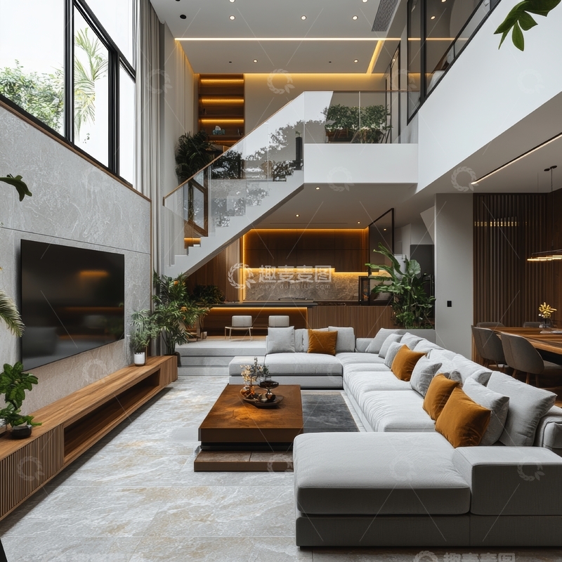 高清大图下载【趣麦麦图】现代豪华客厅与开放式厨房设计