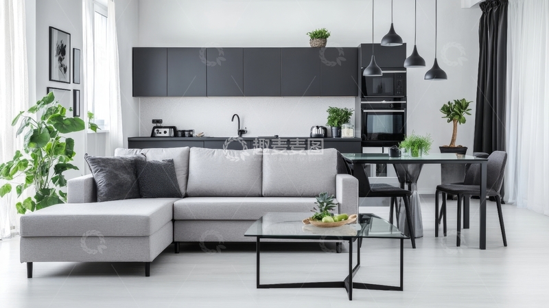 高清大图下载【趣麦麦图】现代简约客厅与开放式厨房设计