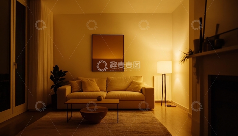 高清大图下载【趣麦麦图】温馨客厅夜景，柔和灯光营造舒适氛围