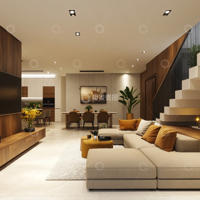 高清大图下载【趣麦麦图】现代简约客厅与餐厅一体化设计