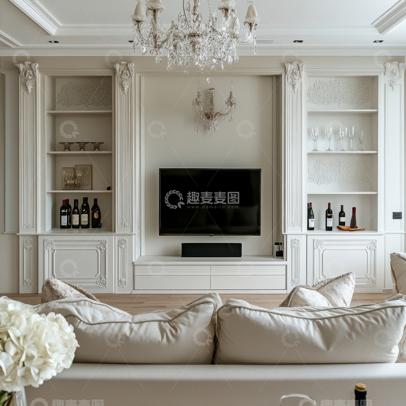 高清大图下载【趣麦麦图】现代简约客厅设计，白色沙发与壁柜