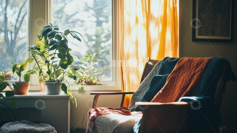 高清大图下载【趣麦麦图】温馨室内一角，阳光透过窗帘洒落