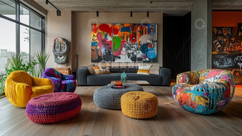 高清大图下载【趣麦麦图】现代客厅色彩斑斓的家具与艺术装饰