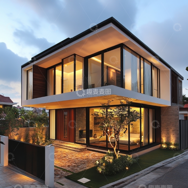 高清大图下载【趣麦麦图】现代双层住宅夜景