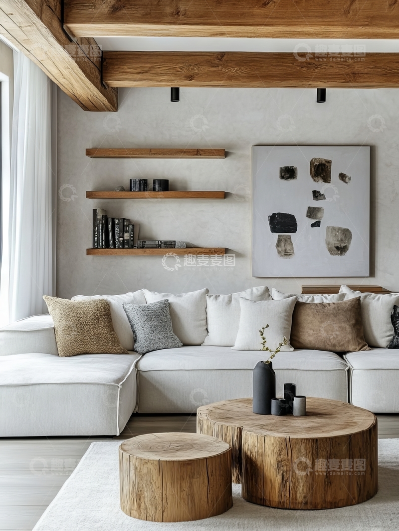 高清大图下载【趣麦麦图】现代简约客厅，木质元素与白色沙发的搭配