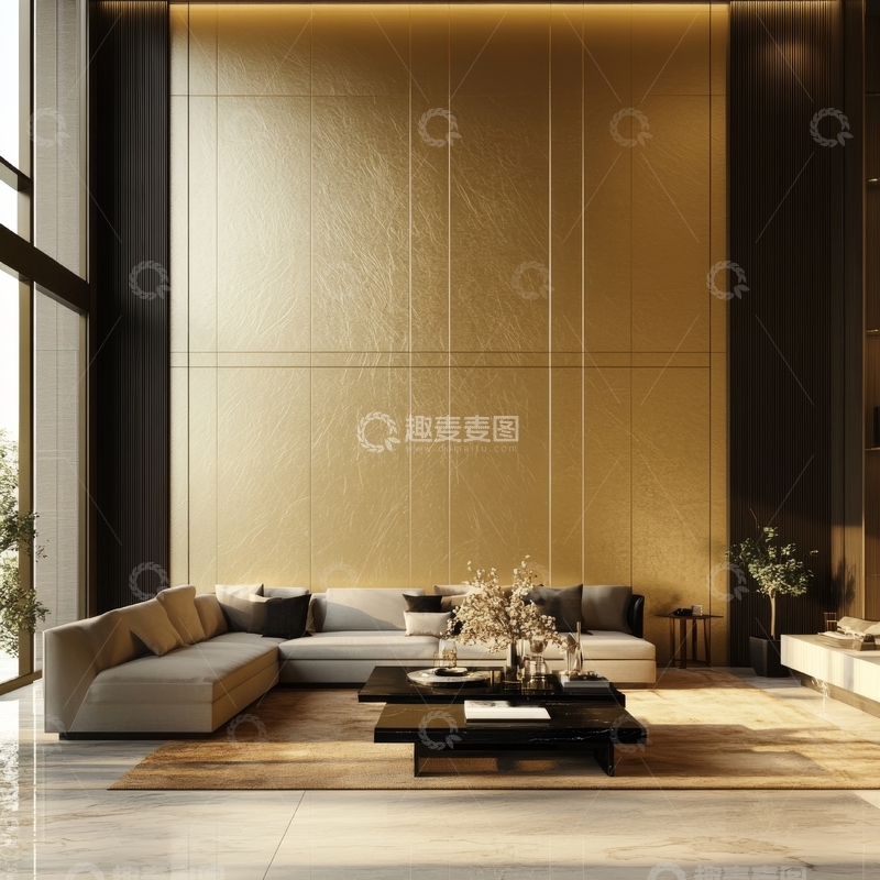 高清大图下载【趣麦麦图】现代简约客厅设计，金色墙面与灰色沙发
