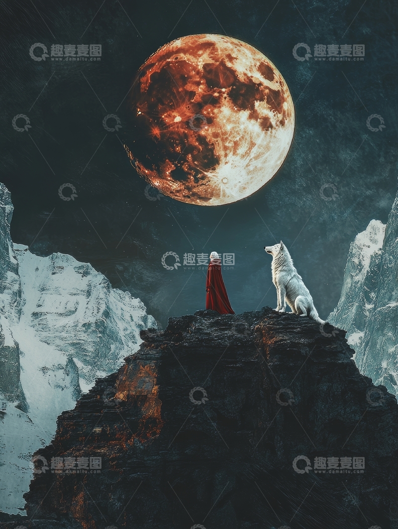 高清大图下载【趣麦麦图】月下山巅，人与狼的静谧对望