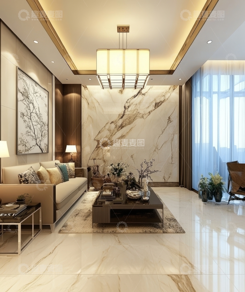 高清大图下载【趣麦麦图】现代客厅设计，大理石背景墙与温馨布置