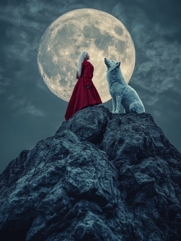 月下山巅，女子与狼共望明月
