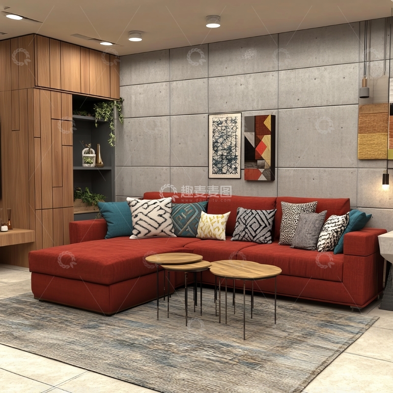 高清大图下载【趣麦麦图】现代客厅布置，红色沙发与艺术装饰