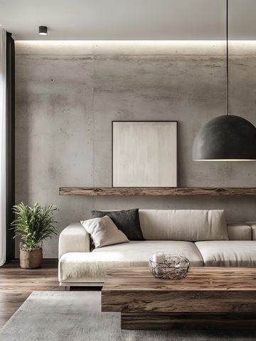 现代简约客厅设计，水泥墙与木质元素结合