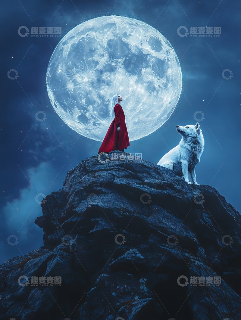 高清大图下载【趣麦麦图】月下岩顶，红衣女子与白狼