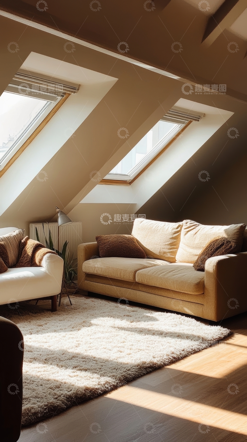 高清大图下载【趣麦麦图】阁楼客厅，阳光透过天窗洒落