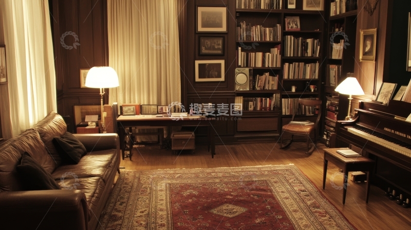 高清大图下载【趣麦麦图】温馨书房与客厅结合的室内场景