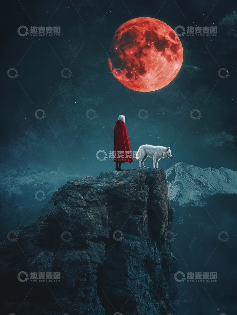 高清大图下载【趣麦麦图】红月之下，人与狼共望夜空