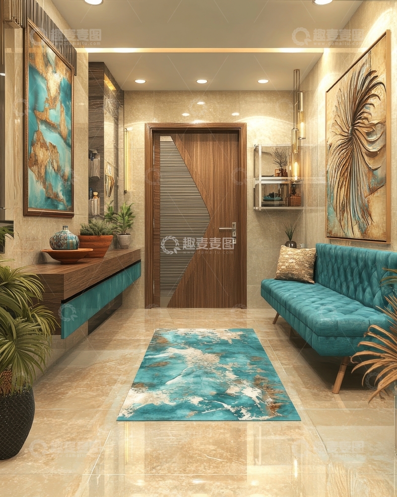 高清大图下载【趣麦麦图】现代客厅设计，蓝色沙发与艺术装饰