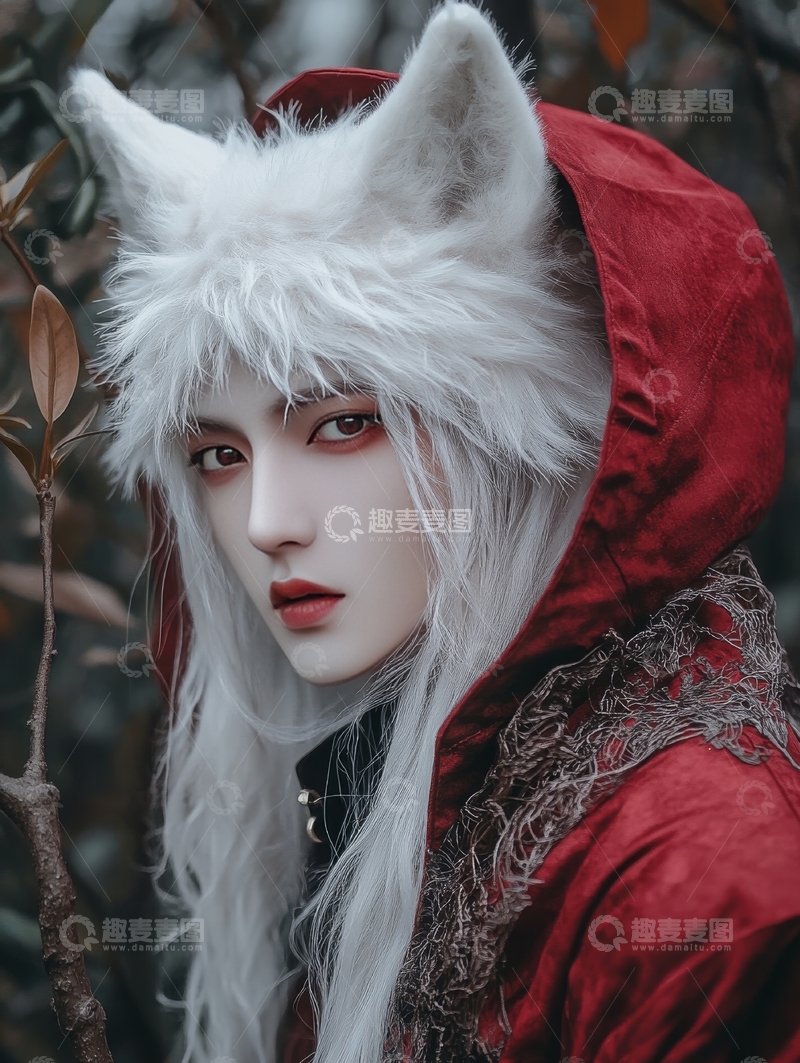 高清大图下载【趣麦麦图】白发狐耳人物身披红色斗篷