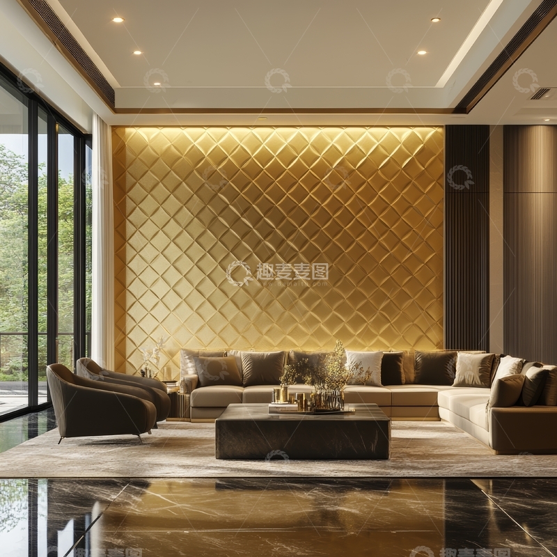 高清大图下载【趣麦麦图】豪华客厅设计，金色背景墙与现代家具