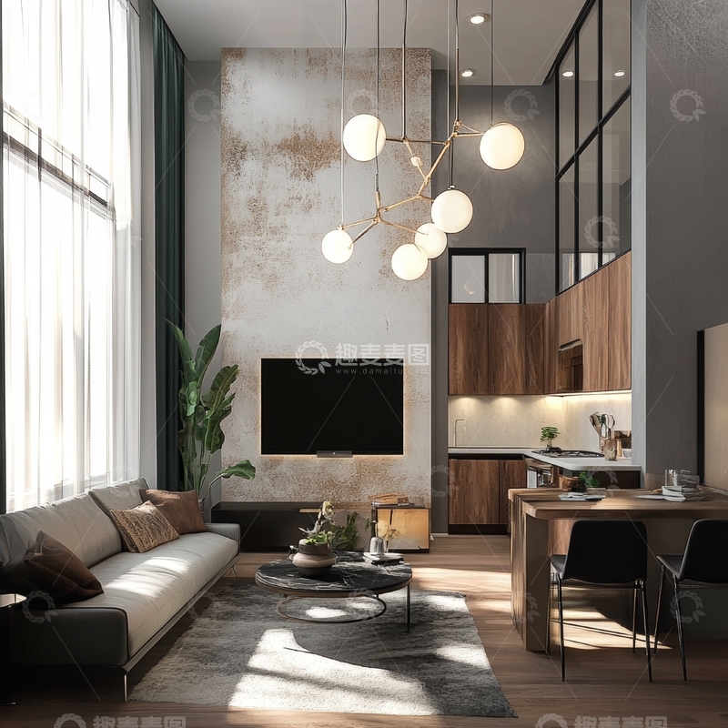 高清大图下载【趣麦麦图】现代简约客厅与开放式厨房设计