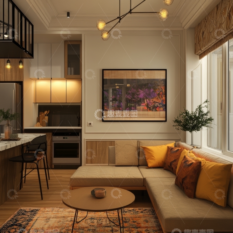 高清大图下载【趣麦麦图】现代温馨客厅与开放式厨房设计