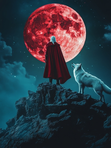 红月之下，人与狼共望夜空
