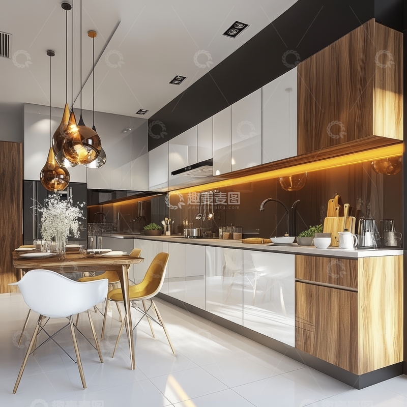 高清大图下载【趣麦麦图】现代厨房与餐厅一体化设计