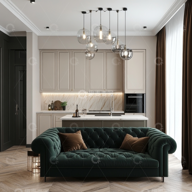 高清大图下载【趣麦麦图】现代厨房与绿色沙发的室内设计