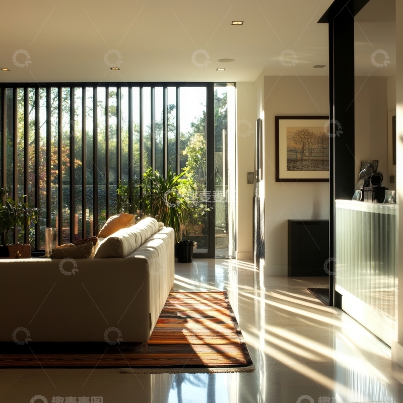 高清大图下载【趣麦麦图】现代客厅阳光透过竖条窗洒落
