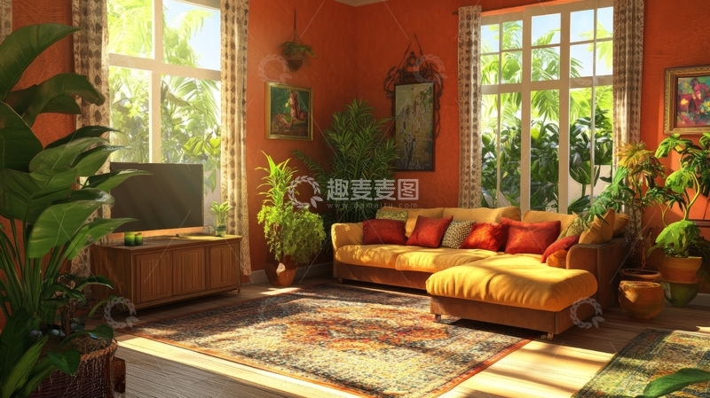 高清大图下载【趣麦麦图】温馨明亮的橙色客厅