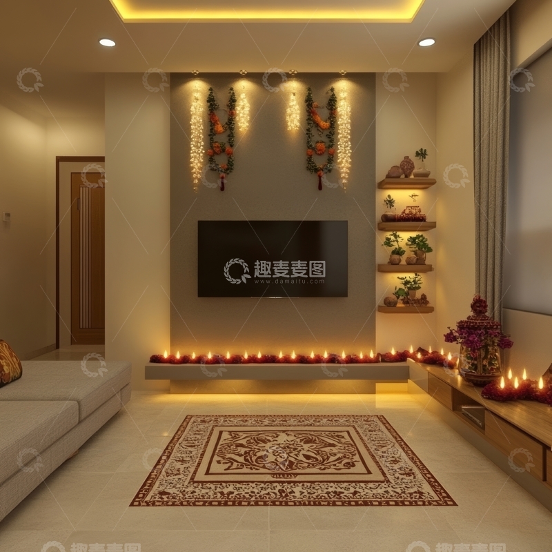 高清大图下载【趣麦麦图】温馨客厅装饰，灯光与绿植点缀